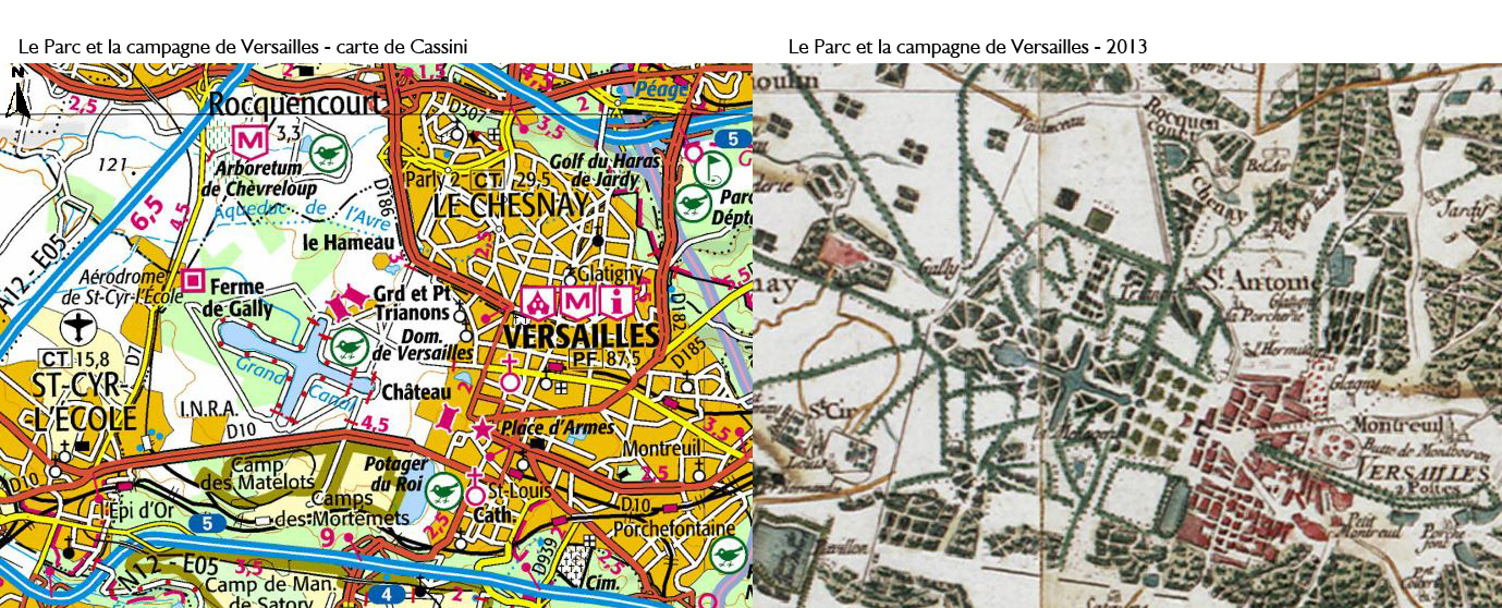 La puissante relation du Parc à la campagne environnante de la plaine de Versailles apparaît clairement sur la carte de Cassini (XVIIIe), avec le rayonnement des cinq allées royales sur la gauche (dont celle de Villepreux). Cette relation est affaiblie aujourd’hui avec la disparition des allées et la coupure de l’A12