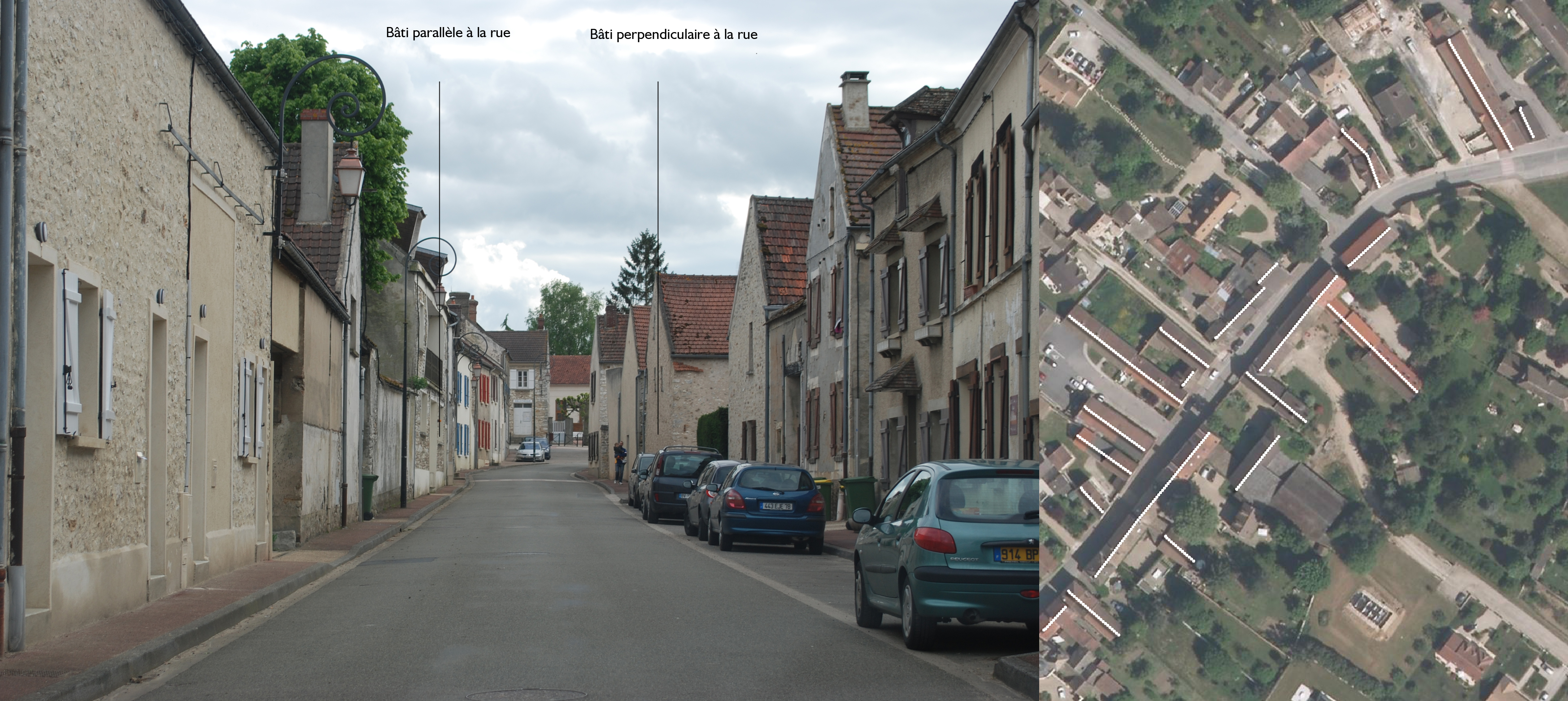 Une organisation urbaine du bâti simple et sobre, soit parallèle soit perpendiculaire à la rue. Ici les deux cas de figure se font face, à Arnouville-lès-Mantes