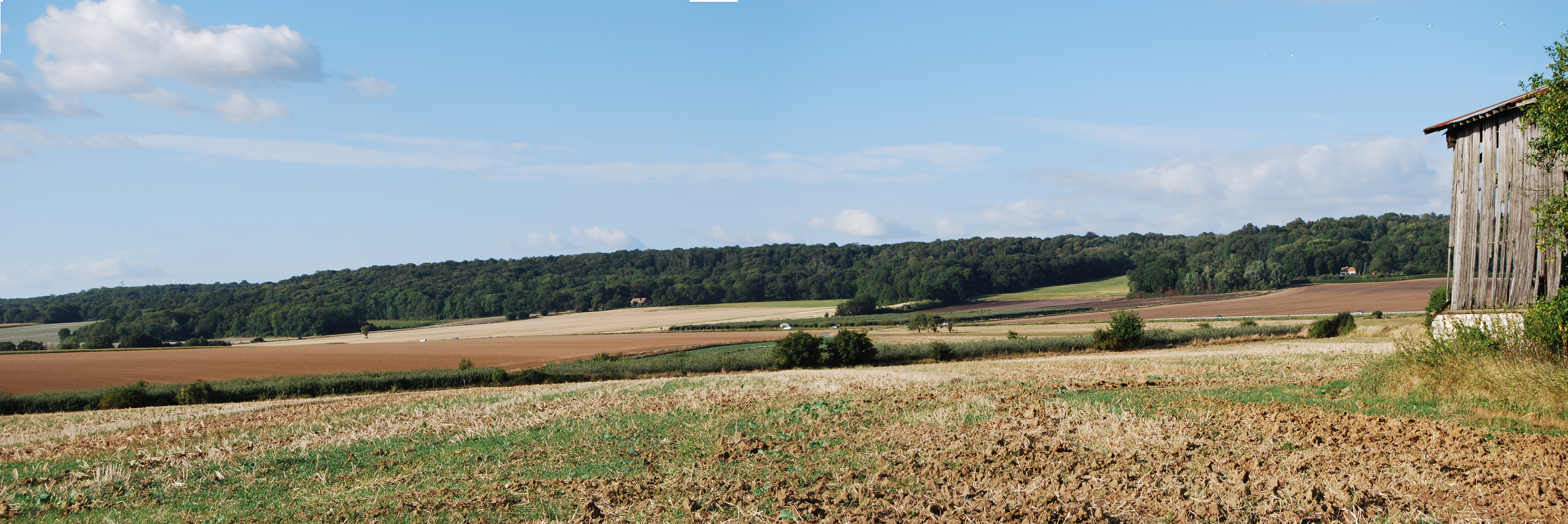L’horizon remarquable de la plaine de Versailles, offert par les pentes boisées et agricoles du plateau des Alluets. Vue depuis les environs de Davron