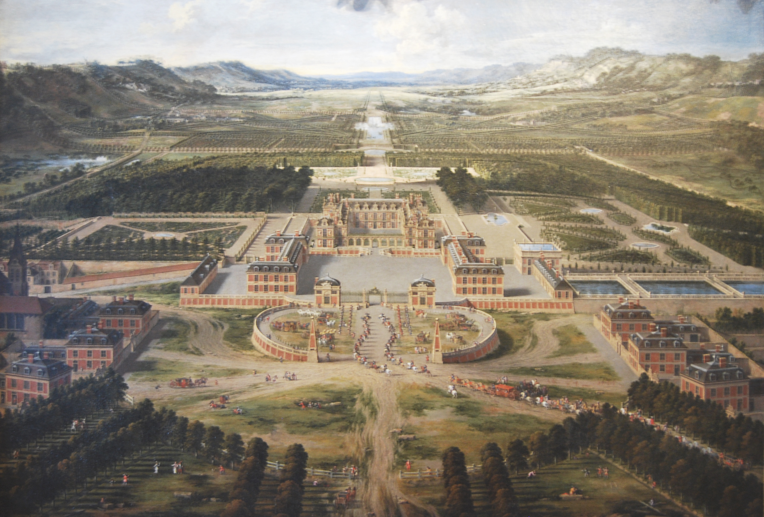 Vue du château de Versailles par Pierre Patel, 1668. La perspective de Versailles inscrite dans le grand paysage de la plaine cadrée par ses reliefs