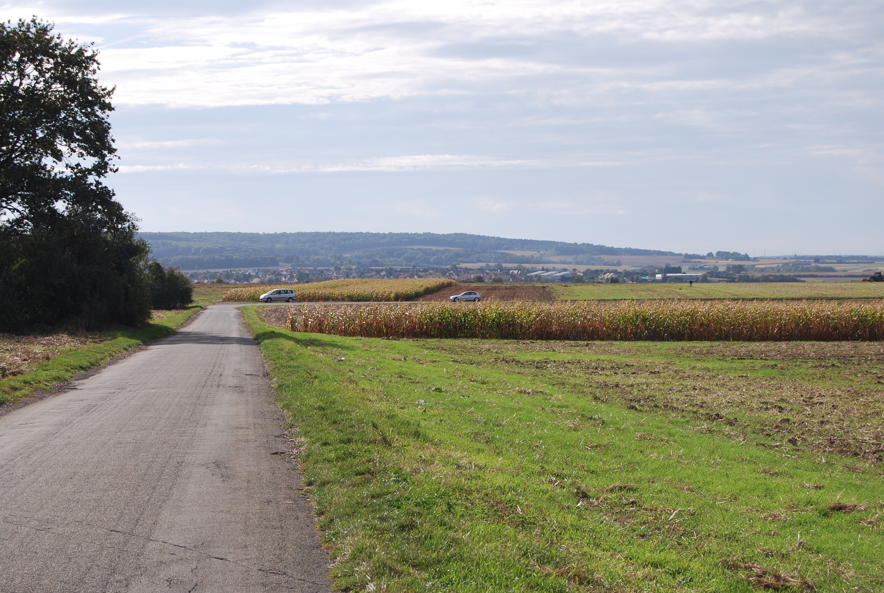 Le plateau de Brezolles, entre les hauteurs des Alluets (à gauche) et la vallée de la Seine, dont on aperçoit le coteau de la rive droite à l’horizon à droite