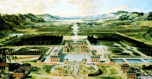 Vue perspective du château et du parc de Versailles, par Pierre Patel, 1668, Château de Versailles. Une représentation remarquable de la relation continue établie entre le château, le parc et la plaine de Versailles