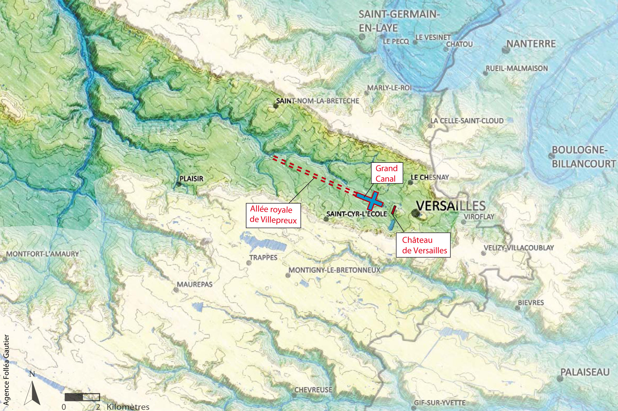 La perspective de Versailles inscrite dans le grand paysage de la plaine : plan schématique