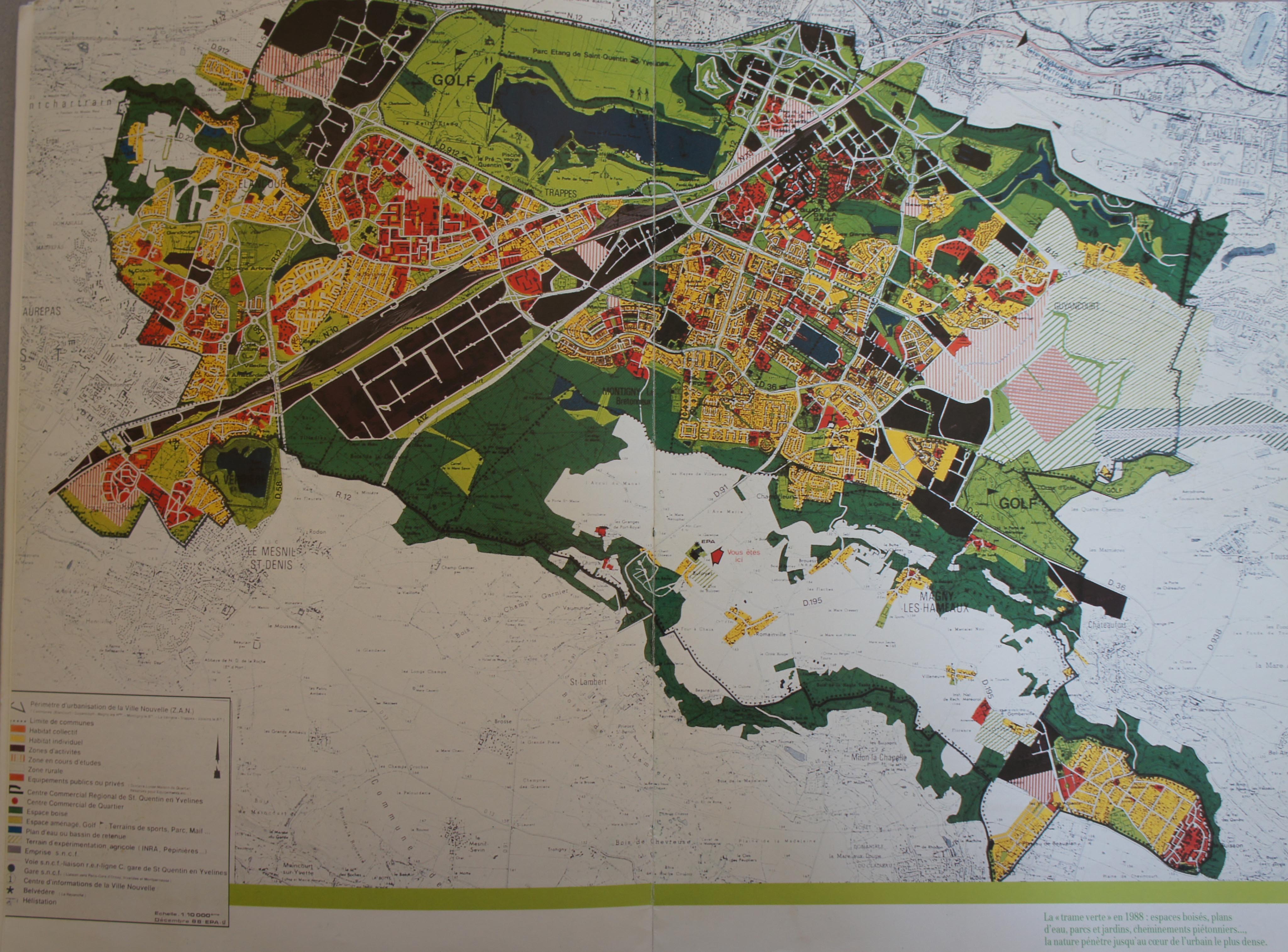 Le plan de la trame verte de la ville nouvelle de Saint-Quentin-en-Yvelines en 1988