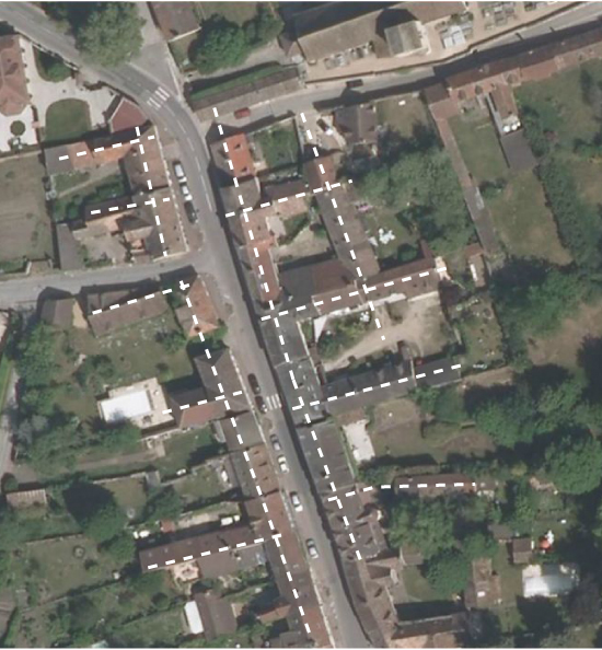 Photo aérienne de st-Léger-enYvelines soulignant en pointillés, la trame bâtie
