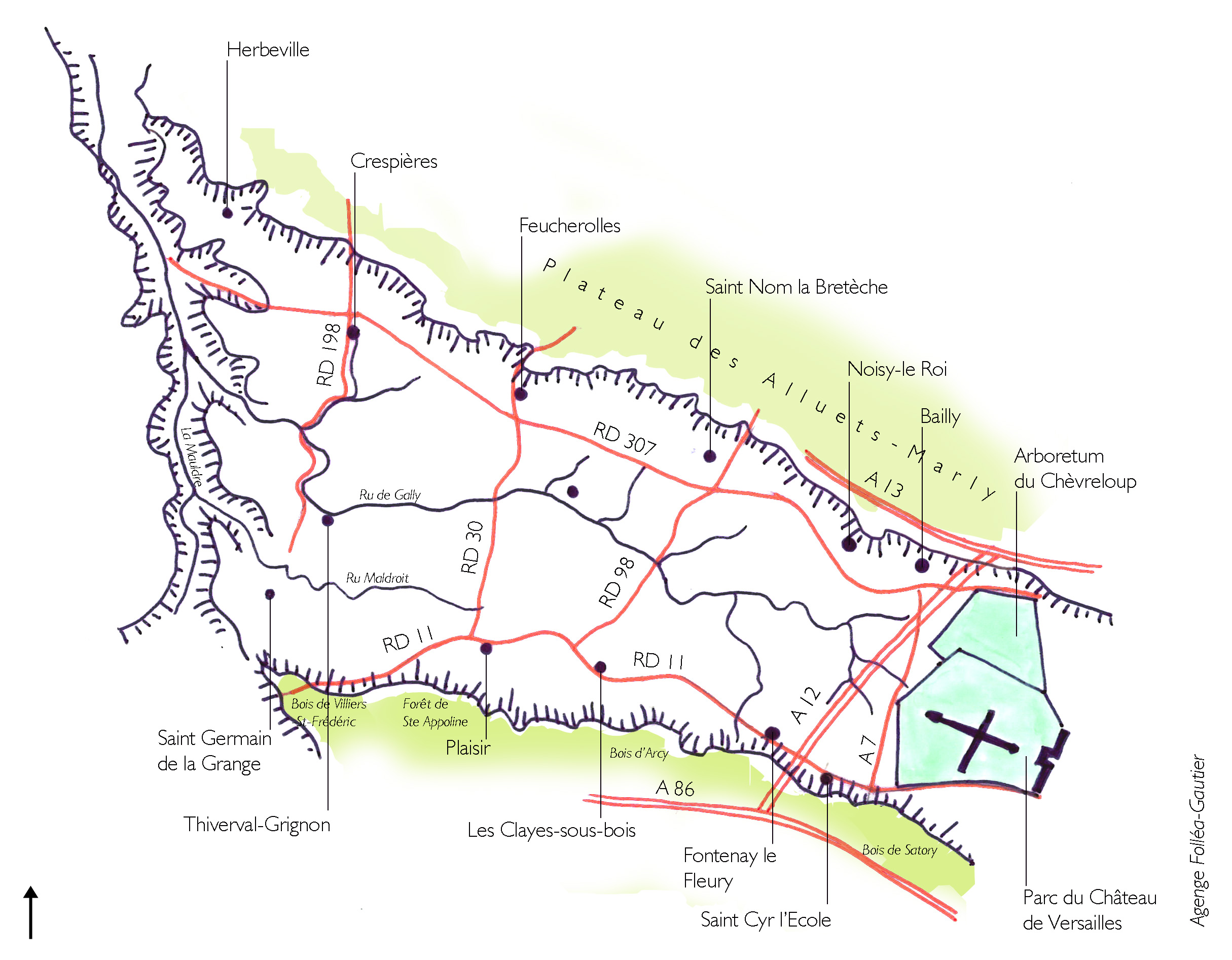La plaine de Versailles s'allonge vers l'ouest dans la perspective du château, jusqu'à la Vallée de la Mauldre