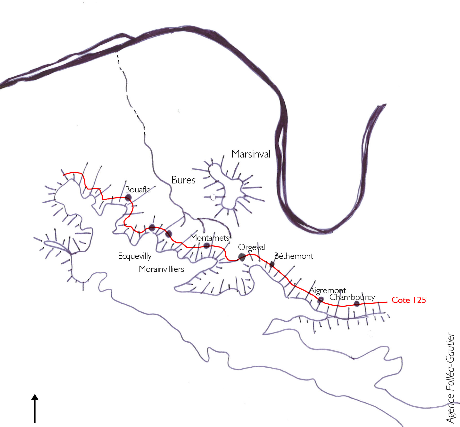 Sur le coteau nord des Alluets bourgs et hameaux sont positionnés sur une ligne de source à une altitude constante (125m)