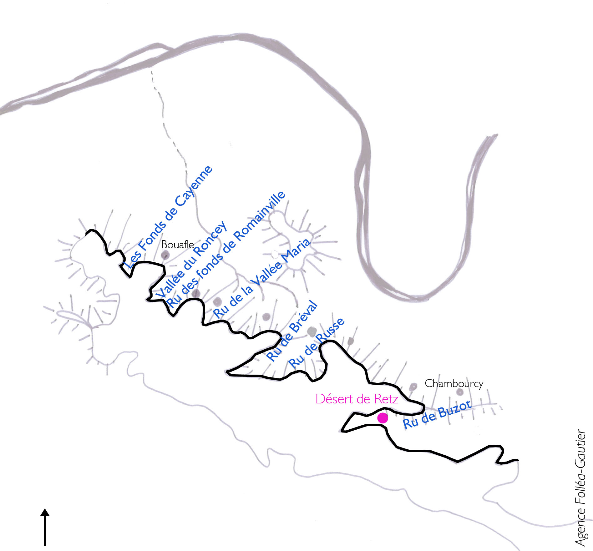 Succession de rus, entaillant les flancs nord du plateau des Alluets en petits vallons