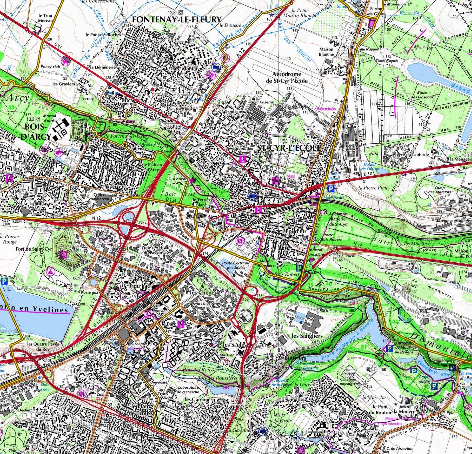 Le fragile cordon boisé du coteau de Bois d’Arcy/Satory, disparu au droit de Saint-Cyr-l’Ecole par le passage dense des infra​structures (voies ferrées, RD 10, …) et le développement de l’urbanisation (quartier de l’Epi d’Or…)